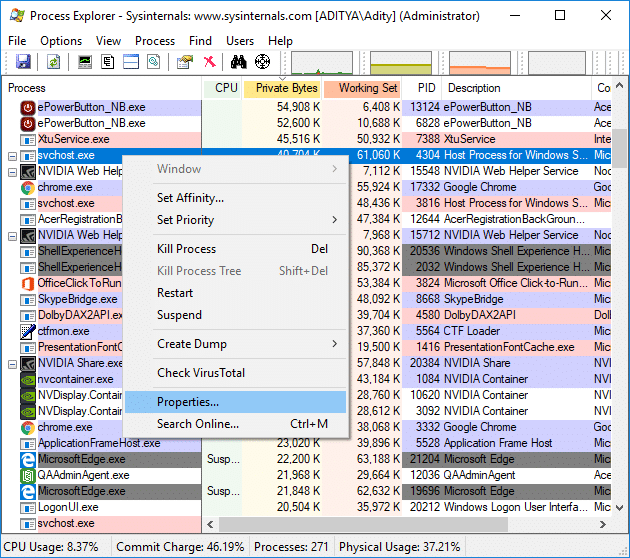 Find svchost.exe process in the list and right-click on it & select Properties.