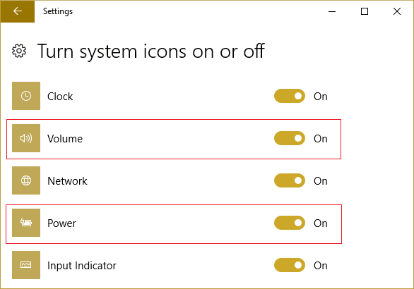 Find the icons for Power or Volume, and make sure both are set to On