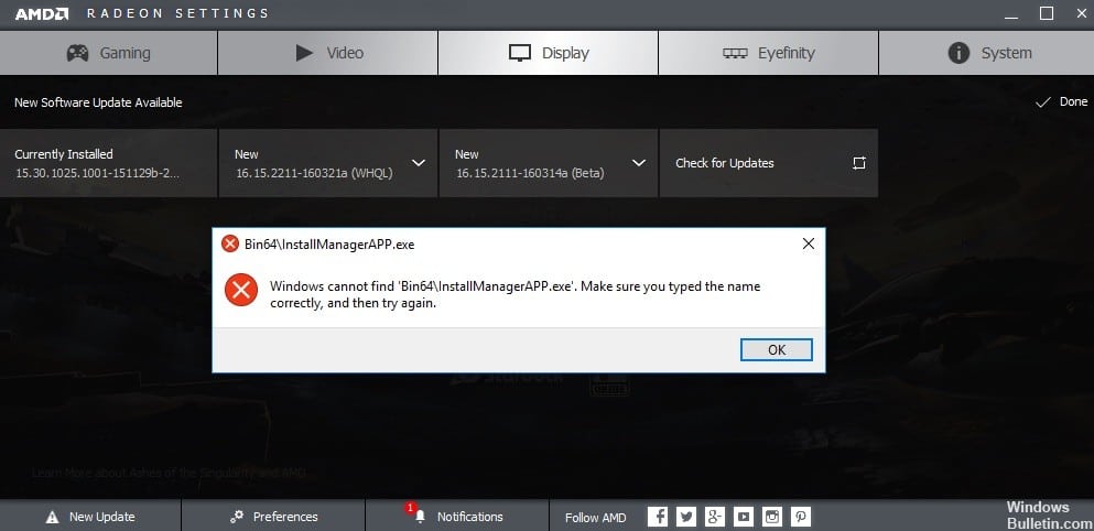 Исправить ошибку AMD: Windows не может найти Bin64 – Installmanagerapp.exe