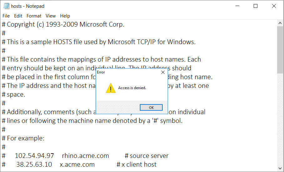 Исправить отказ в доступе при редактировании файла хостов в Windows 10