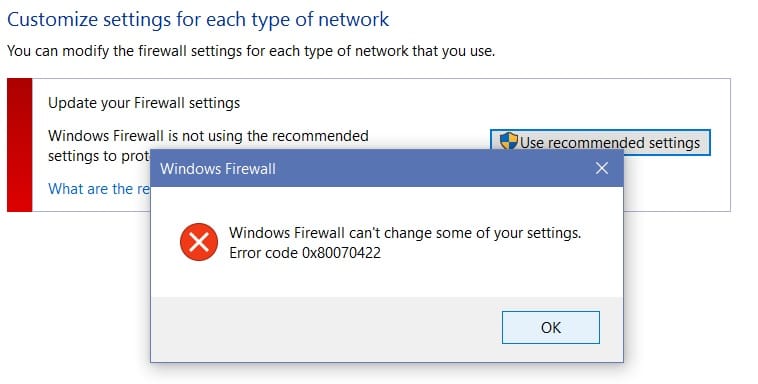 Fix Can't turn on Windows Firewall Error code 0x80070422