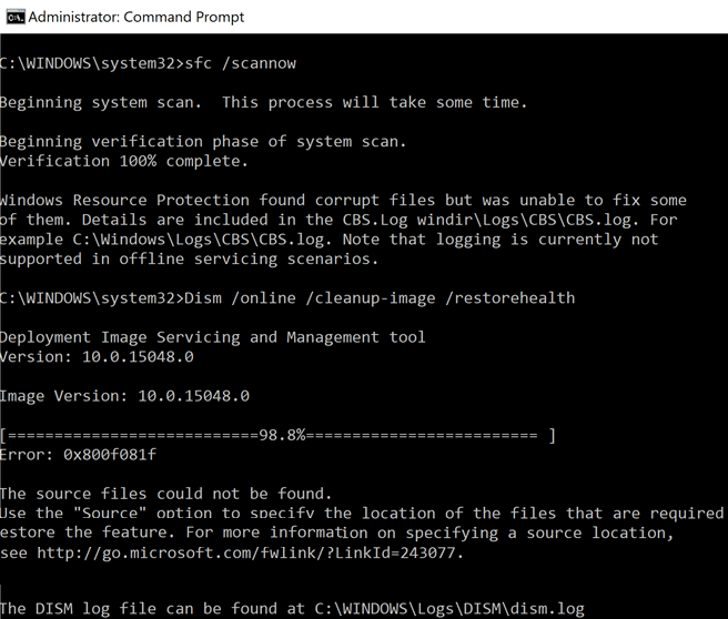 Corregiu l'error DISM 0x800f081f a Windows 10