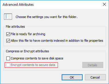 Исправить шифрование содержимого для защиты данных, выделенных серым цветом в Windows 10