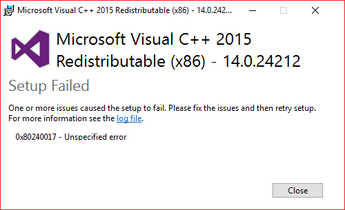 Fix Microsoft Visual C++ 2015 Redistributable Setup Fails Error 0x80240017