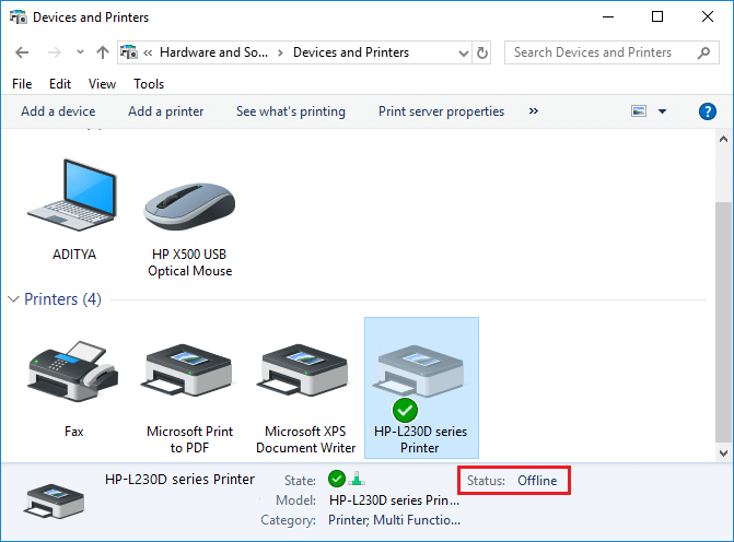 Исправить автономный статус принтера в Windows 10