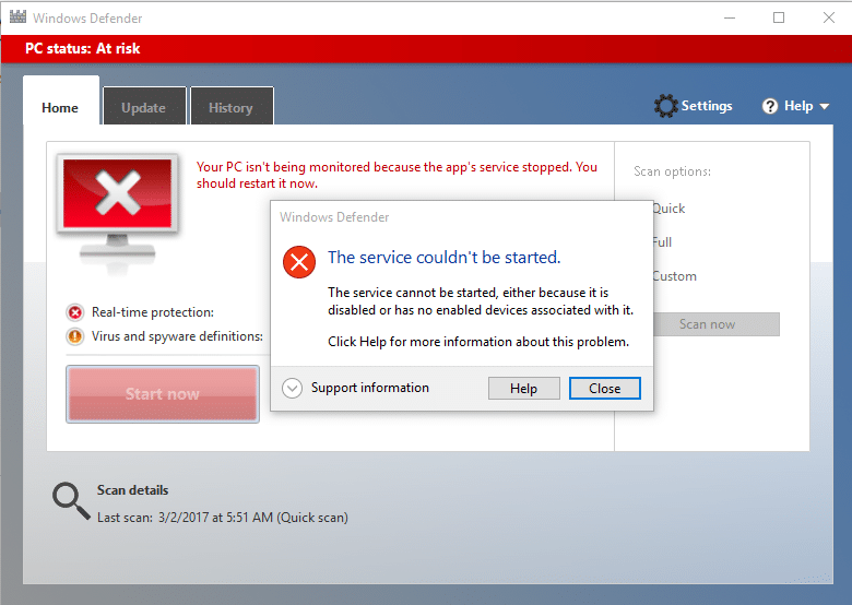 Исправить ошибку «Не удалось запустить службу Защитника Windows» 0x80070422
