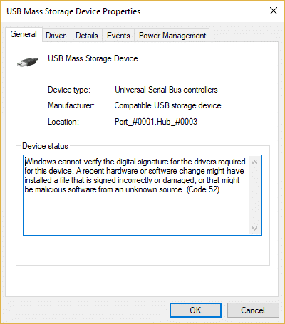 Fix USB Error Code 52 Windows cannot verify the digital signature