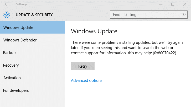 Fix Windows 10 Update Error 0x80070422