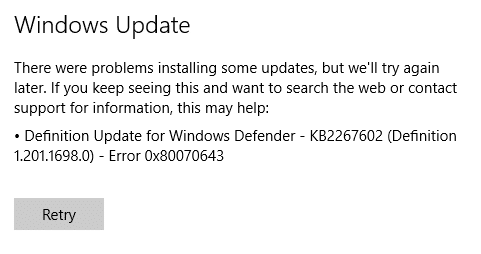 Исправление ошибки обновления Защитника Windows с ошибкой 0x80070643.