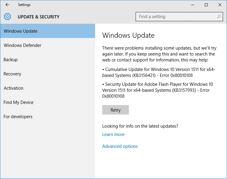 Виправити помилку оновлення Windows 0x80010108