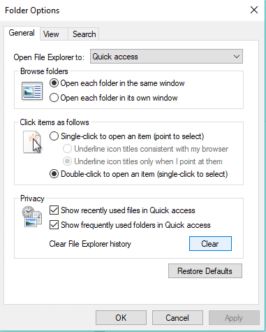 Folder options box will appear. Click on clear