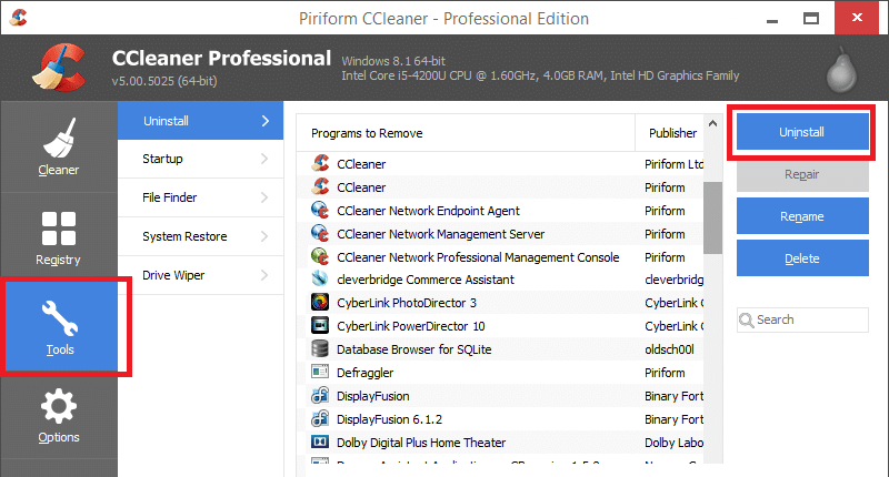 For download and install this application, Tools from the left pane and in the right pane of CCleaner