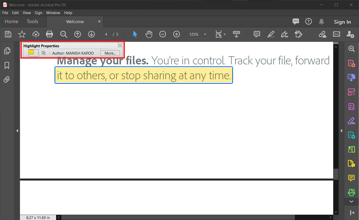 For the ‘Highlighter Tool Properties’ toolbar, press Ctrl+ E on your keyboard. | How to Change Highlight Color in Adobe Acrobat Reader?
