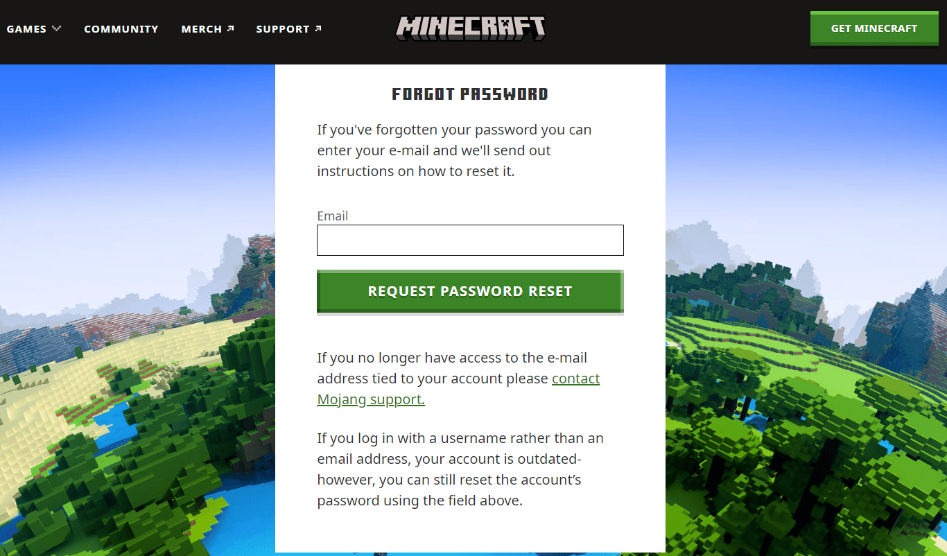 Forgot Password page Minecraft