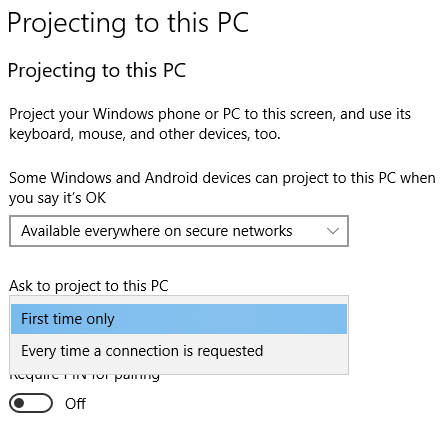 From Ask to project to this PC drop-down select First time only