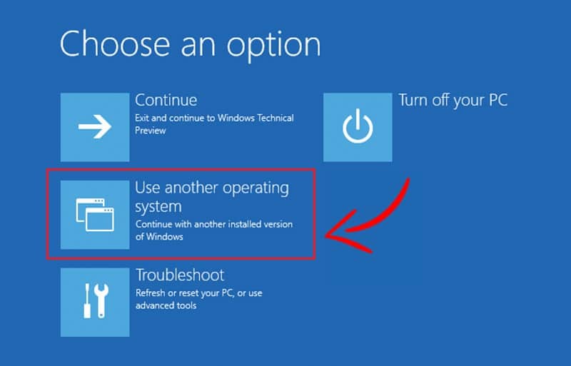 From Choose an option screen select Use another operating system