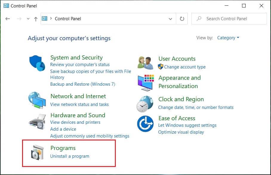 From Control Panel click on Uninstall a Program. | How to Remove OneDrive from Windows 10 File Explorer