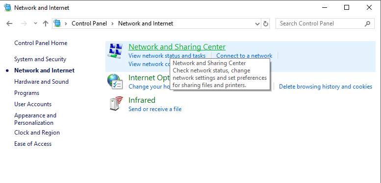 From Control Panel go to Network and sharing center