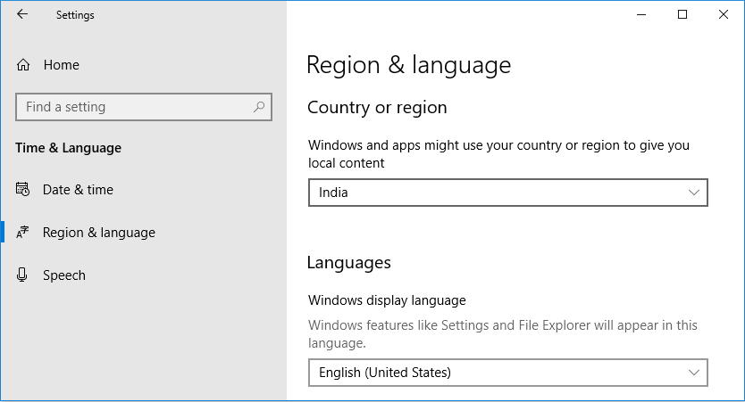 From Country or region drop-down select your country