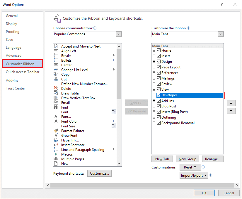 From Customize Ribbon section checkmark Developer option