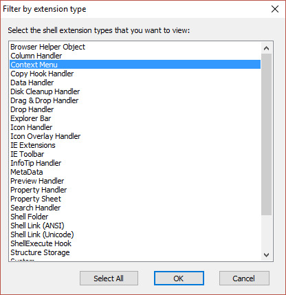 From Filter by extension type select Context Menu and click OK