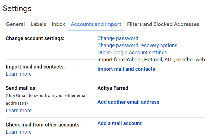 From Gmail settings click on Accounts and Import tab