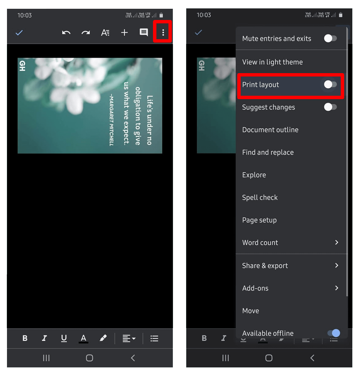 From Google Docs menu Toggle-on the Print Layout option