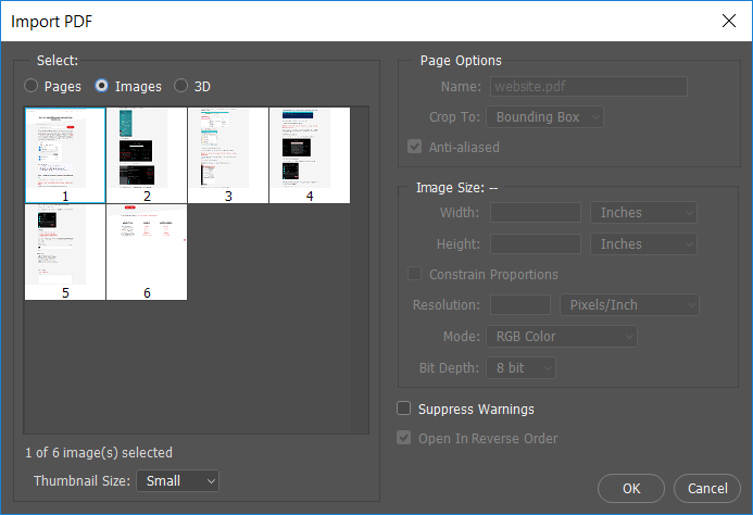 From Import PDF dialog box select the Images option then click OK