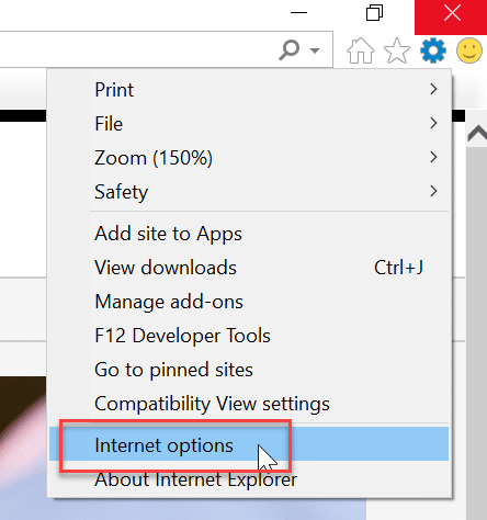 В Internet Explorer выберите «Настройки», затем нажмите «Свойства обозревателя».