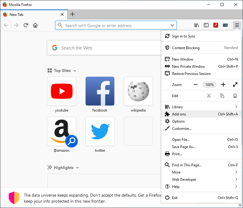 Mozilla မှ Settings ကိုနှိပ်ပြီး Add-ons | ကိုရွေးချယ်ပါ။ Desktop Browser (PC) ကို အသုံးပြု၍ မိုဘိုင်းဝဘ်ဆိုဒ်များကို ဝင်ရောက်ကြည့်ရှုပါ