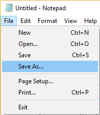 از منوی Notepad روی File کلیک کنید و سپس Save As را انتخاب کنید