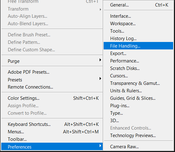 From Photoshop Edit menu select Preferenes then click on File Handling