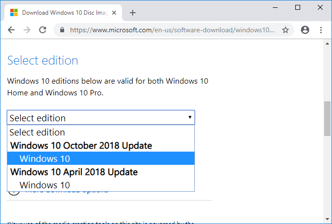 From Select edition drop-down choose the edition of Windows 10 you want to use