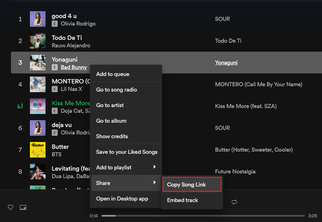 From Spotify Web Player right-click on any song then select Share then Copy Song Link