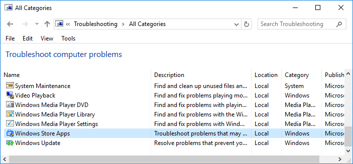 В списке «Устранение неполадок компьютера» выберите «Приложения Магазина Windows».