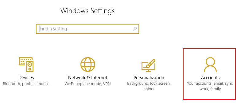 Windows პარამეტრებიდან აირჩიეთ ანგარიში