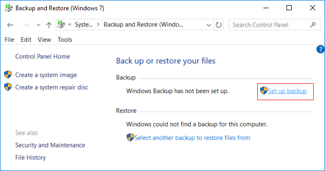 From backup and restore (Windows 7) window click on Set up backup