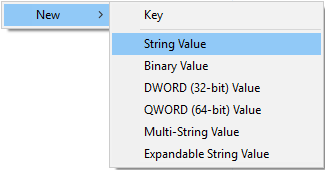 In right hand side area click in an empty area and select New then String Value