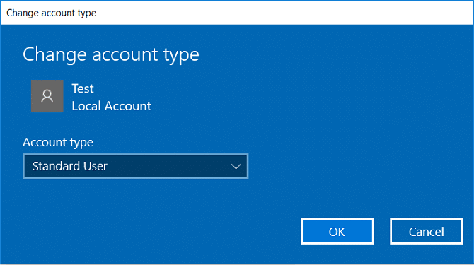 From the Account type dropdown select either Standard User or Administrator