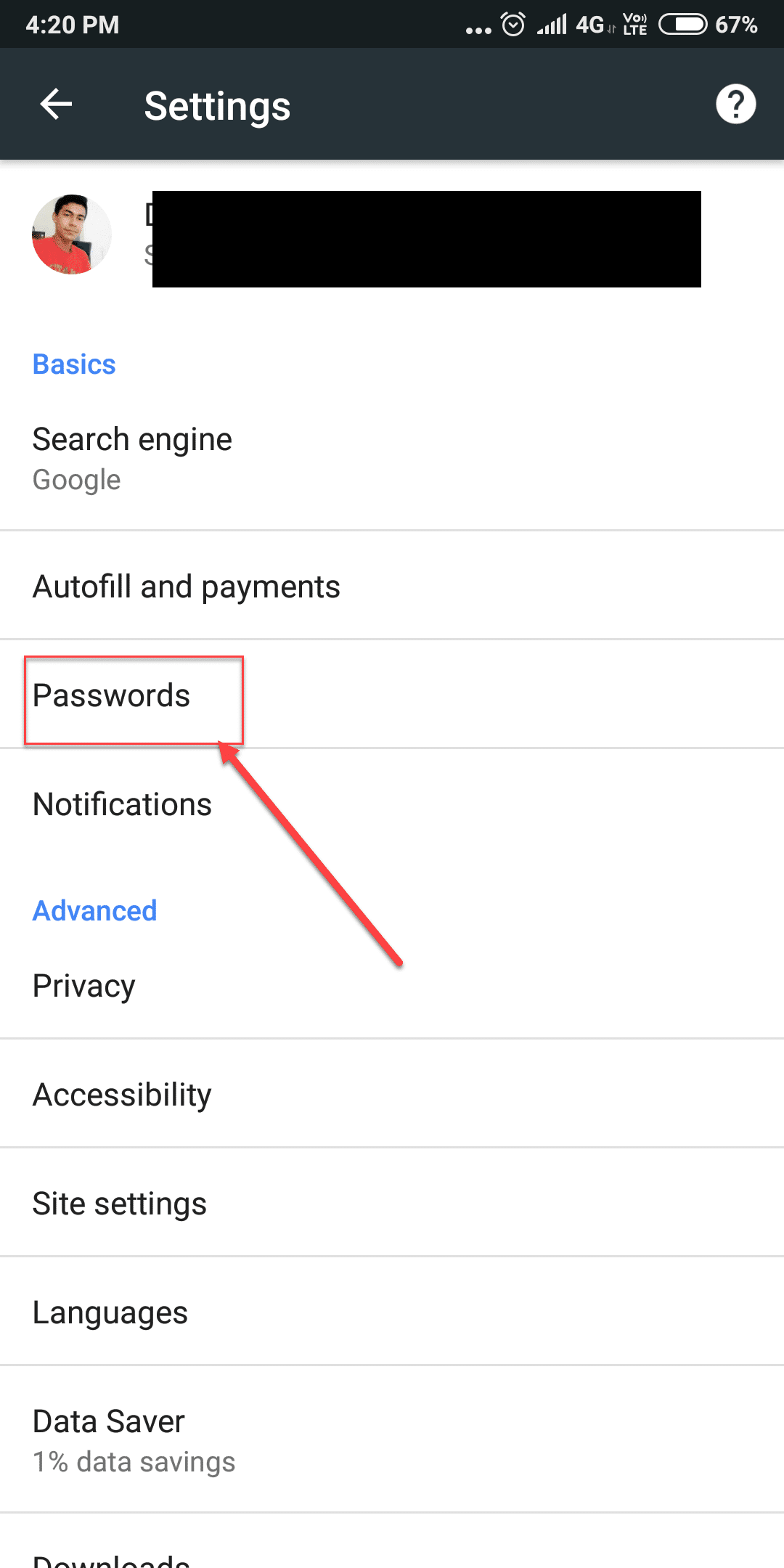 From the Chrome Settings screen click on Passwords