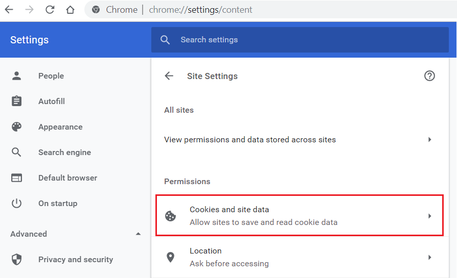From the Content settings page click on Cookies and site data