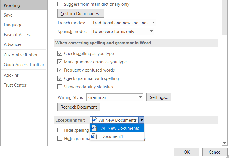 From the Exceptions for drop-down select All Documents