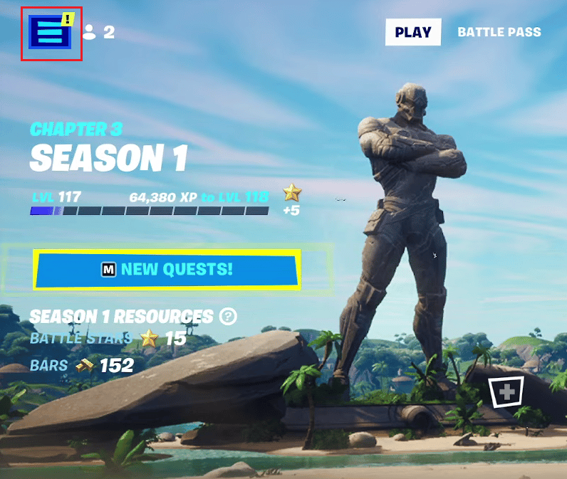 From the Fortnite game screen, click on the hamburger icon from the top left corner