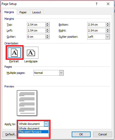 From the Margins tab select either Portrait or Landscape orientation | How to Make One Page Landscape in Word