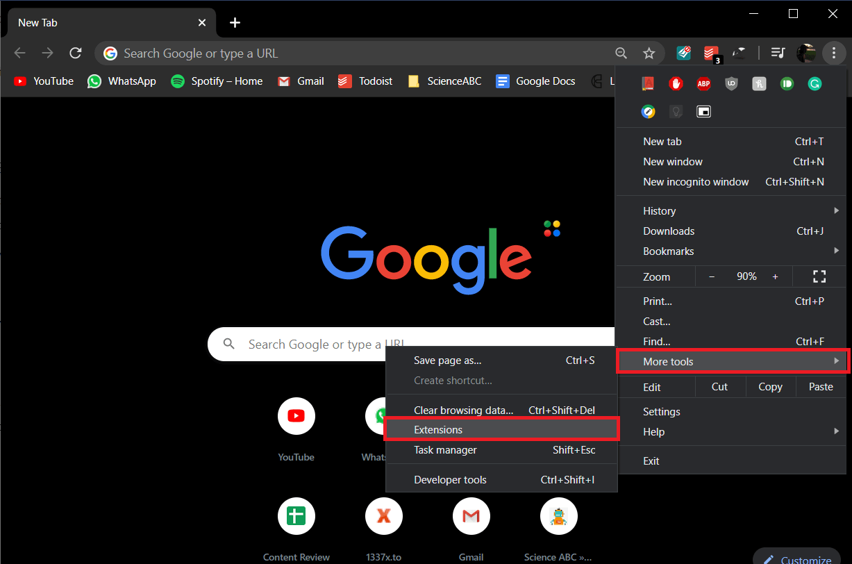 From the More Tools sub-menu, click on Extensions