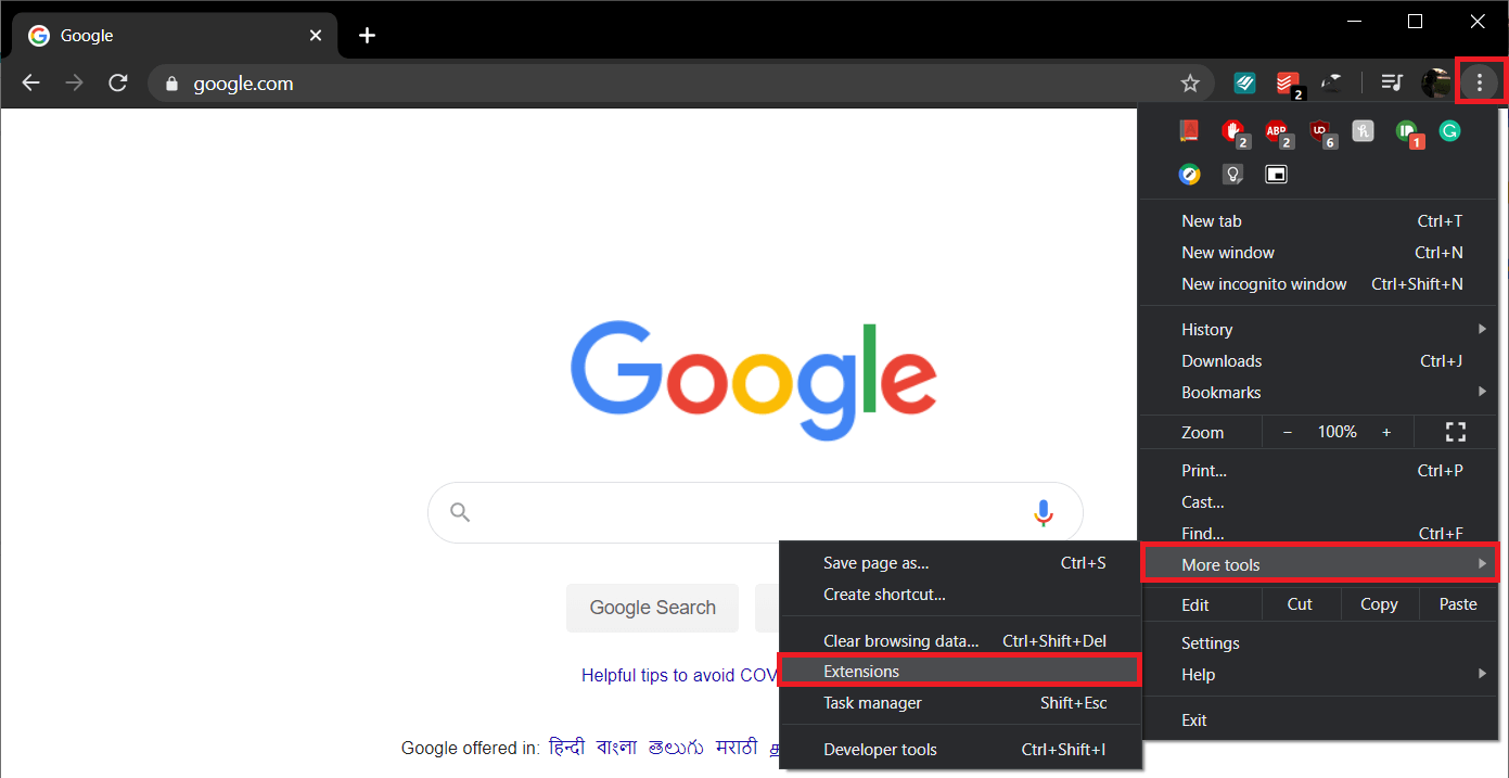From the More Tools sub-menu, click on Extensions