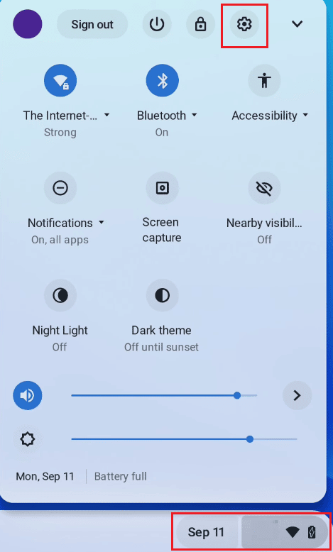 From the Quick Settings panel, click on the Settings gear icon | How to Delete Images on Chromebook Read Only