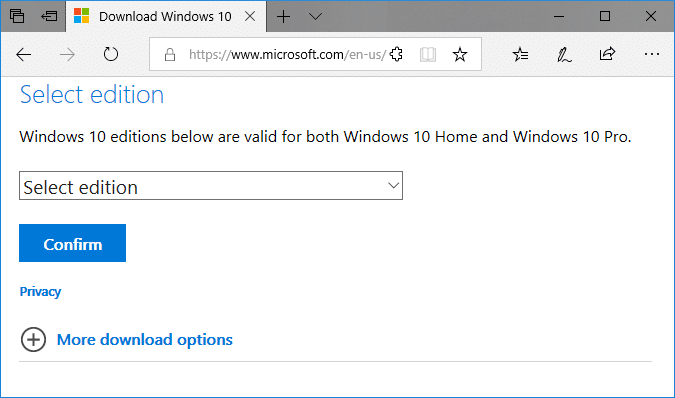 From the Select edition drop-down choose the edition of Windows 10 you want to use