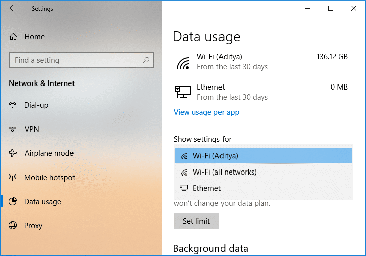 From the Show settings for dropdown select the network connection you want to set a data limit for