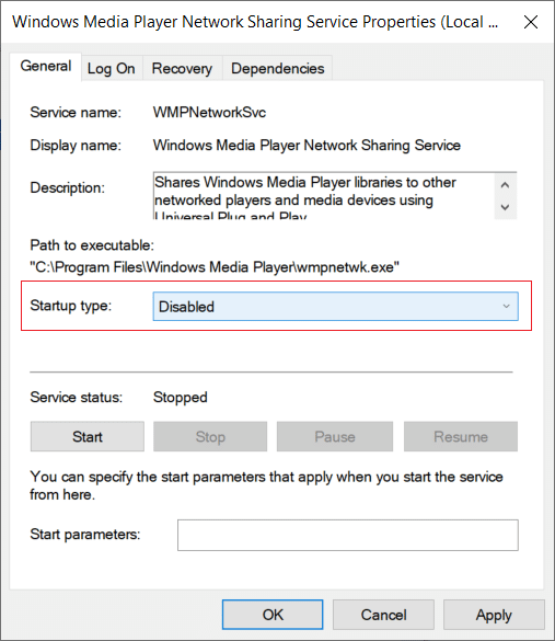 From the Startup type drop-down of Windows Media Network Sharing Service select Disabled